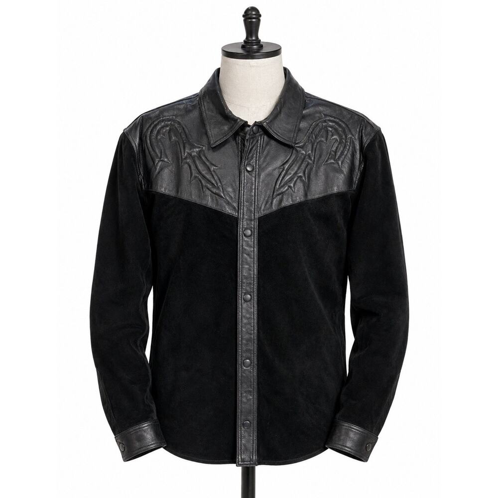 Vintage Y2K International Male Leather Shirt Jacket XL Black Western Embossed Sn